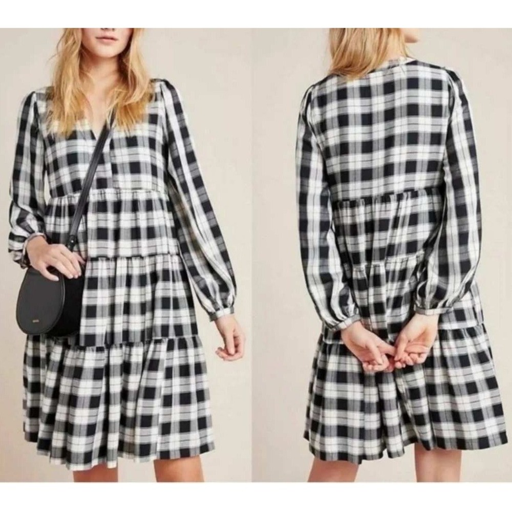 Maeve Anthropologie Amber Plaid Tiered Tunic Dress Black Motif XL Bohemian